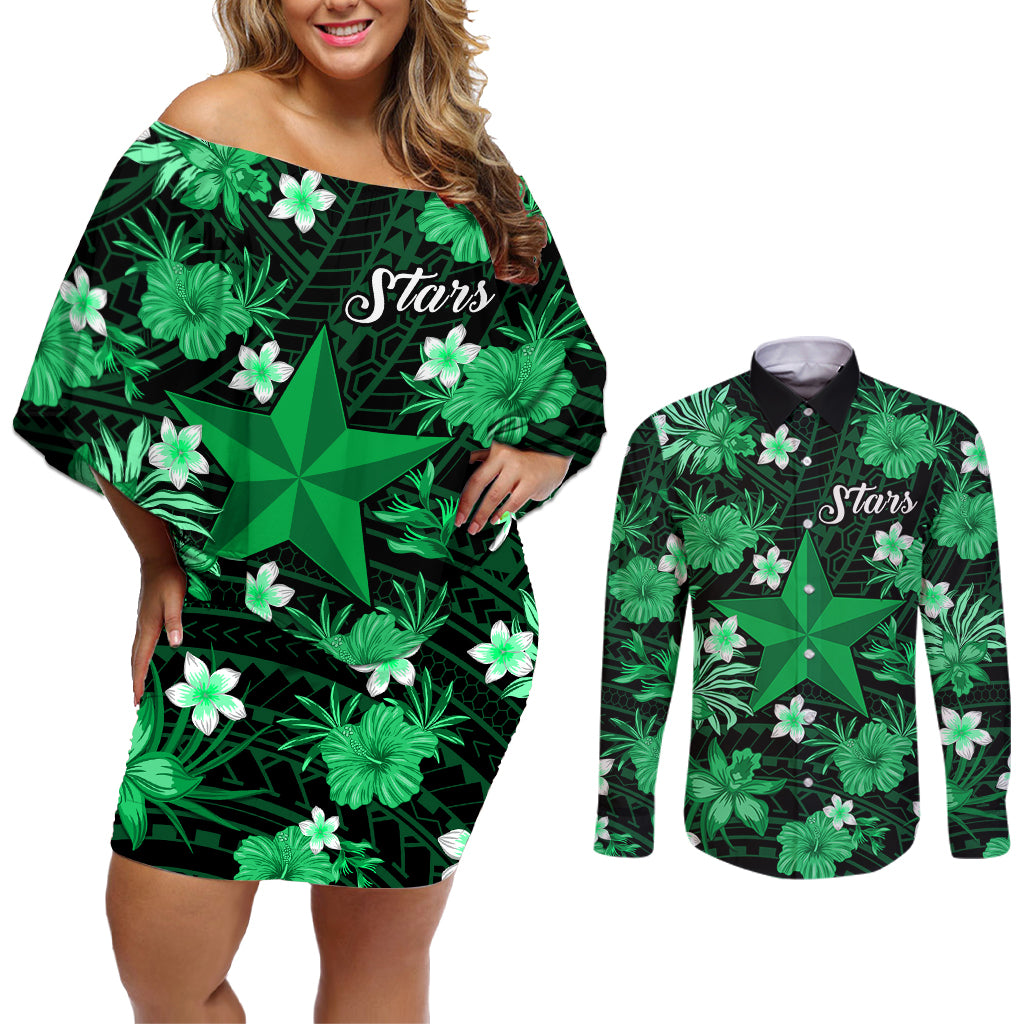 australian-stars-cricket-couples-matching-off-shoulder-short-dress-and-long-sleeve-button-shirts-baeuty-pacific-hibiscus-and-polynesian-pattern