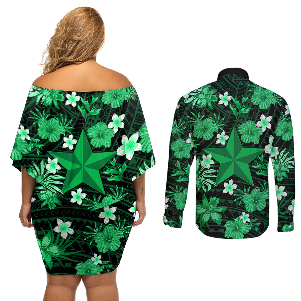 australian-stars-cricket-couples-matching-off-shoulder-short-dress-and-long-sleeve-button-shirts-baeuty-pacific-hibiscus-and-polynesian-pattern