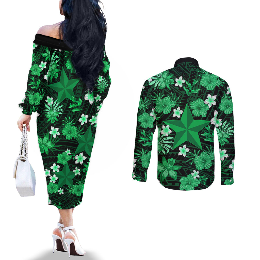 australian-stars-cricket-couples-matching-off-the-shoulder-long-sleeve-dress-and-long-sleeve-button-shirts-baeuty-pacific-hibiscus-and-polynesian-pattern