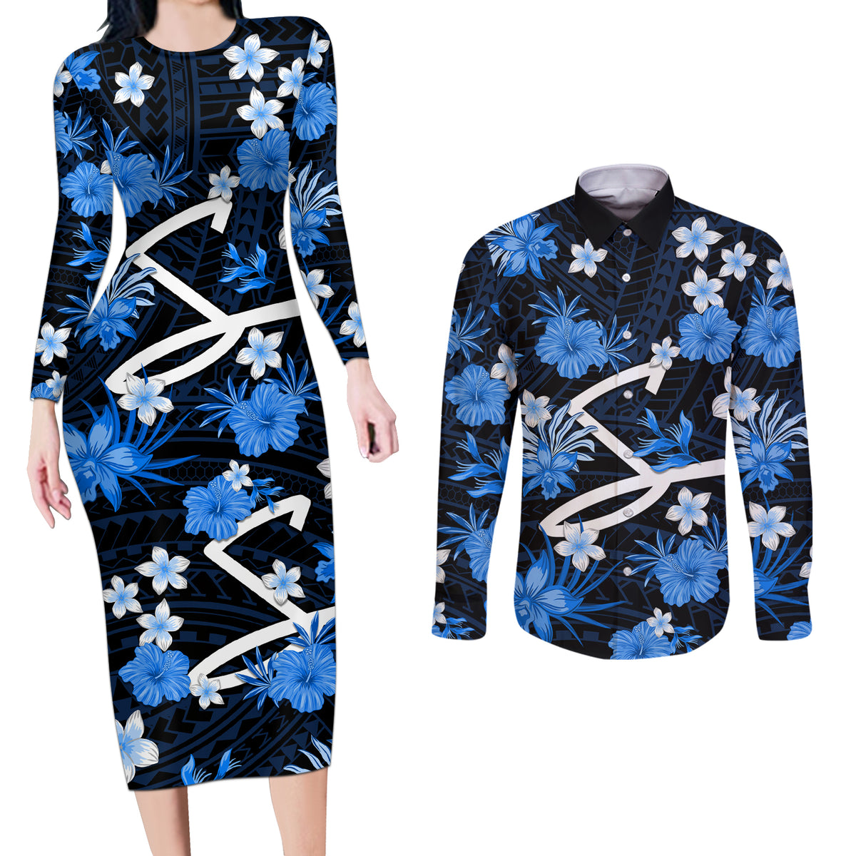 australian-strikers-cricket-couples-matching-long-sleeve-bodycon-dress-and-long-sleeve-button-shirts-baeuty-pacific-hibiscus-and-polynesian-pattern