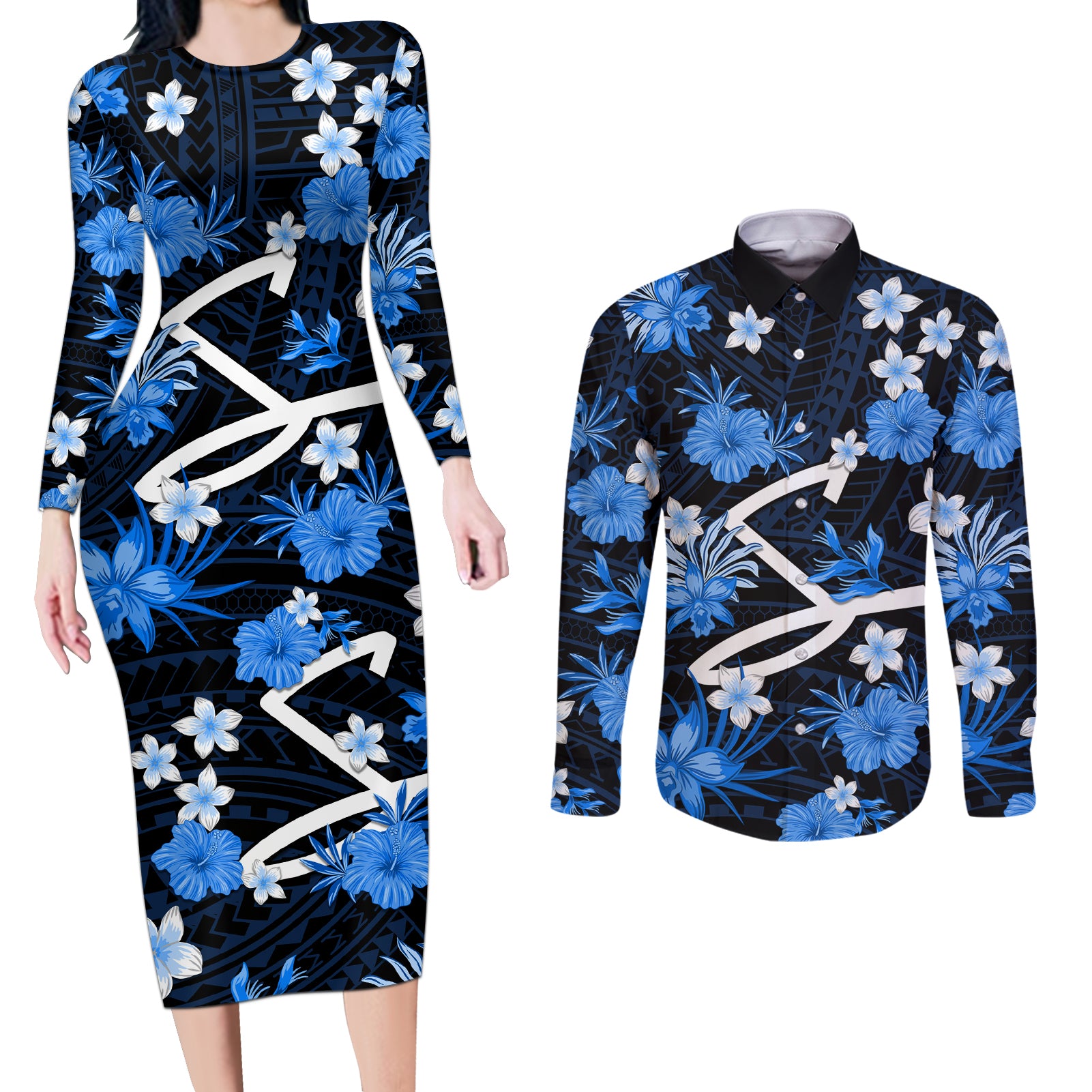 australian-strikers-cricket-couples-matching-long-sleeve-bodycon-dress-and-long-sleeve-button-shirts-baeuty-pacific-hibiscus-and-polynesian-pattern