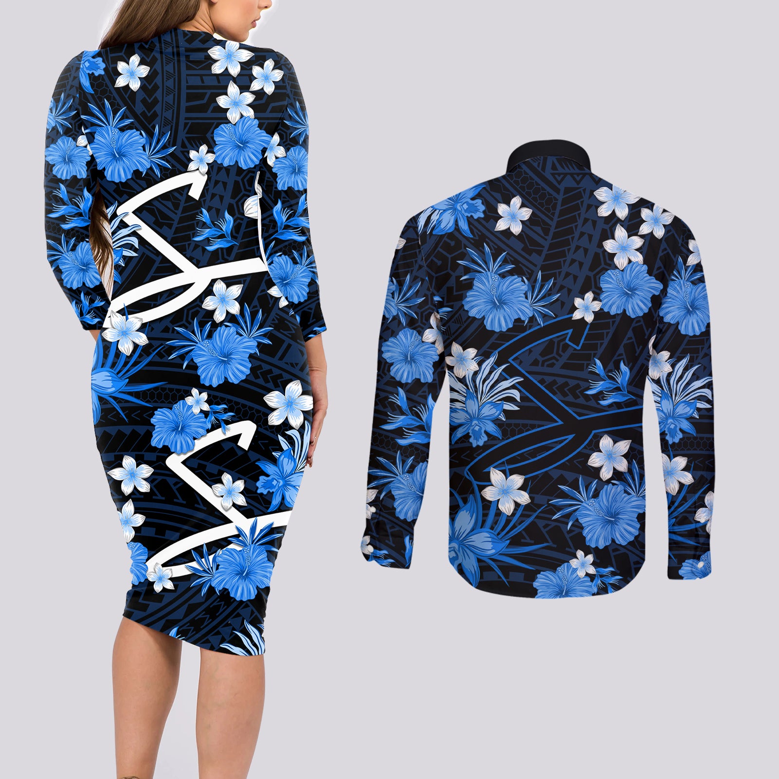 australian-strikers-cricket-couples-matching-long-sleeve-bodycon-dress-and-long-sleeve-button-shirts-baeuty-pacific-hibiscus-and-polynesian-pattern