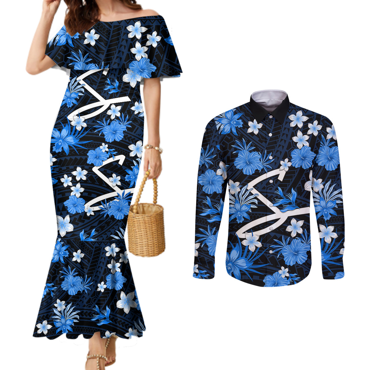 australian-strikers-cricket-couples-matching-mermaid-dress-and-long-sleeve-button-shirts-baeuty-pacific-hibiscus-and-polynesian-pattern
