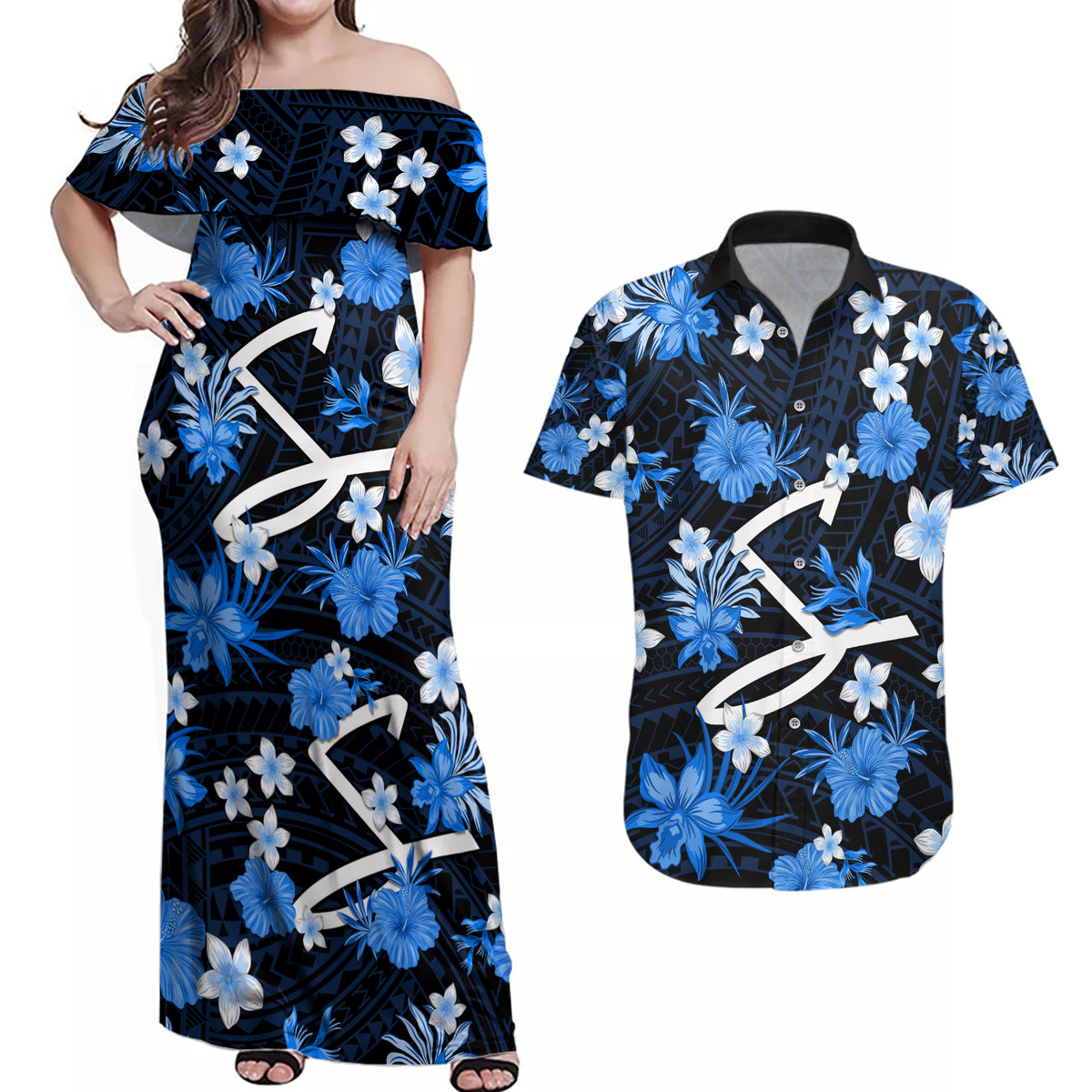 australian-strikers-cricket-couples-matching-off-shoulder-maxi-dress-and-hawaiian-shirt-baeuty-pacific-hibiscus-and-polynesian-pattern