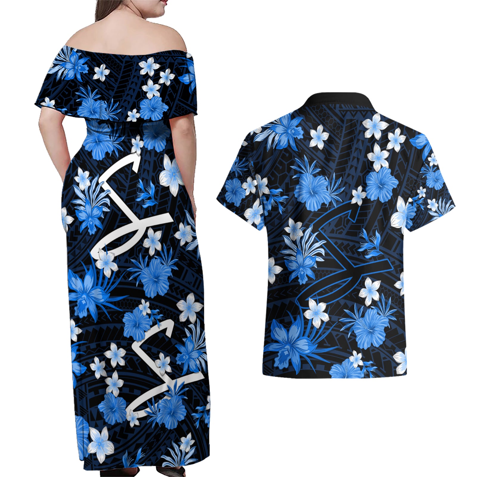 australian-strikers-cricket-couples-matching-off-shoulder-maxi-dress-and-hawaiian-shirt-baeuty-pacific-hibiscus-and-polynesian-pattern