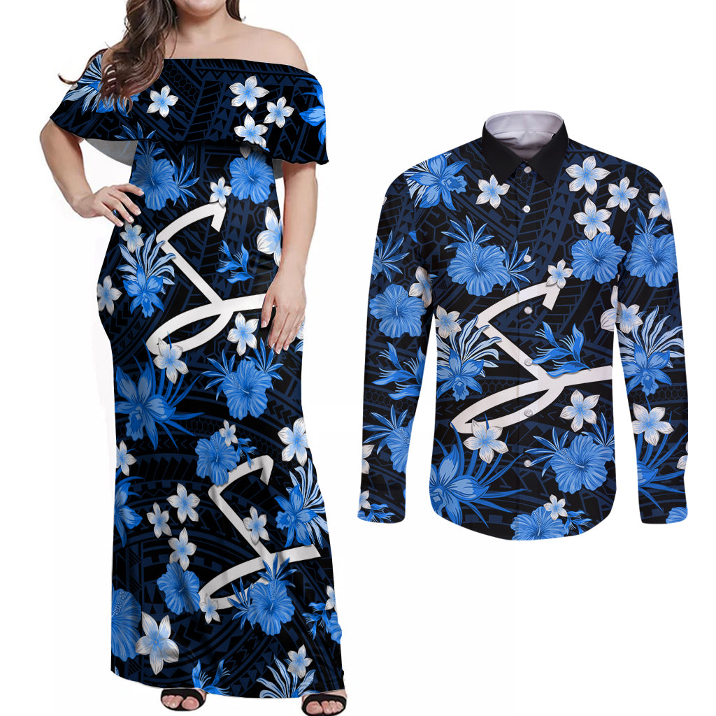 australian-strikers-cricket-couples-matching-off-shoulder-maxi-dress-and-long-sleeve-button-shirts-baeuty-pacific-hibiscus-and-polynesian-pattern