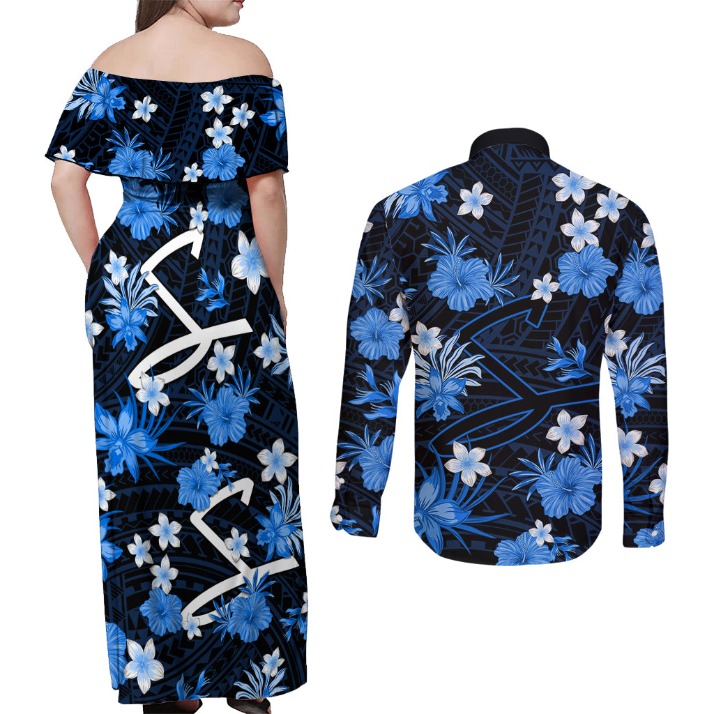 australian-strikers-cricket-couples-matching-off-shoulder-maxi-dress-and-long-sleeve-button-shirts-baeuty-pacific-hibiscus-and-polynesian-pattern
