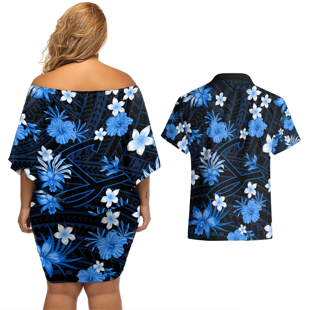 australian-strikers-cricket-couples-matching-off-shoulder-short-dress-and-hawaiian-shirt-baeuty-pacific-hibiscus-and-polynesian-pattern