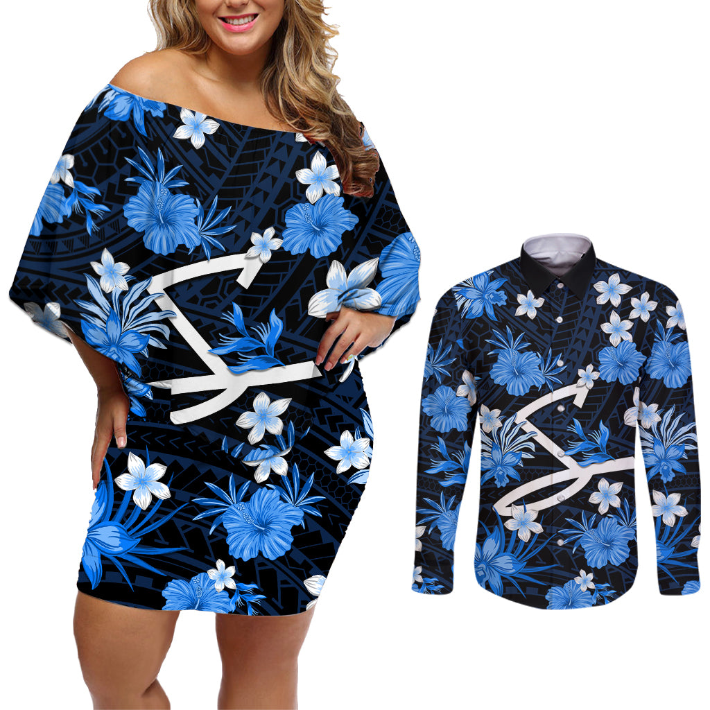 australian-strikers-cricket-couples-matching-off-shoulder-short-dress-and-long-sleeve-button-shirts-baeuty-pacific-hibiscus-and-polynesian-pattern