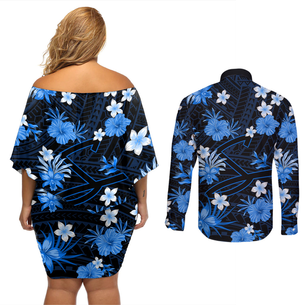 australian-strikers-cricket-couples-matching-off-shoulder-short-dress-and-long-sleeve-button-shirts-baeuty-pacific-hibiscus-and-polynesian-pattern