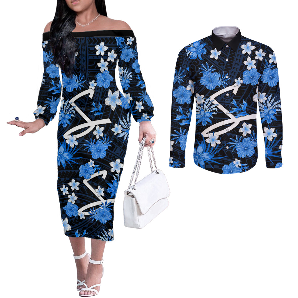 australian-strikers-cricket-couples-matching-off-the-shoulder-long-sleeve-dress-and-long-sleeve-button-shirts-baeuty-pacific-hibiscus-and-polynesian-pattern