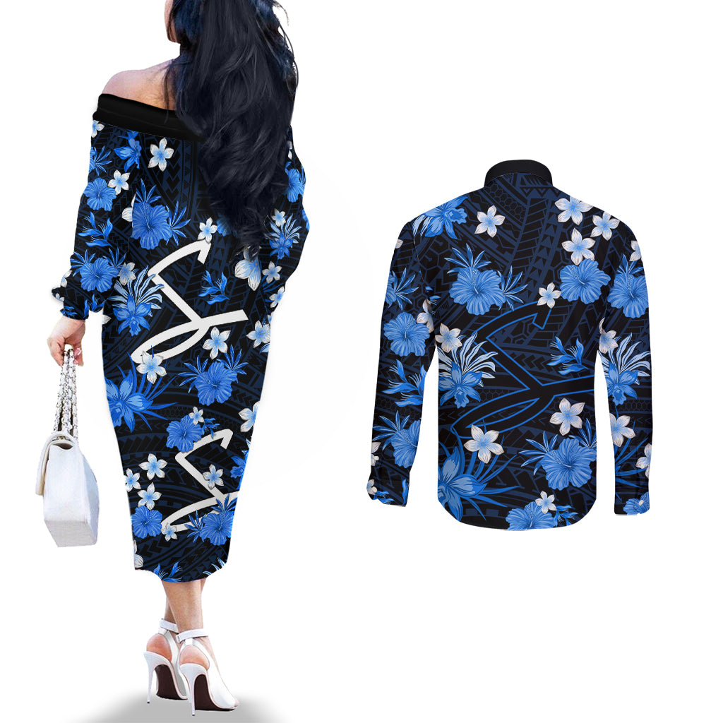 australian-strikers-cricket-couples-matching-off-the-shoulder-long-sleeve-dress-and-long-sleeve-button-shirts-baeuty-pacific-hibiscus-and-polynesian-pattern