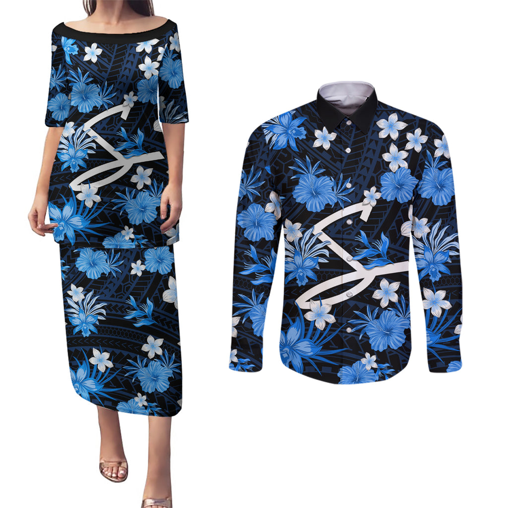 australian-strikers-cricket-couples-matching-puletasi-dress-and-long-sleeve-button-shirts-baeuty-pacific-hibiscus-and-polynesian-pattern