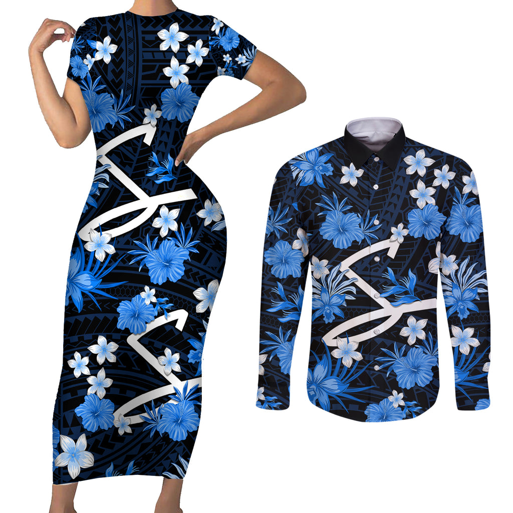 australian-strikers-cricket-couples-matching-short-sleeve-bodycon-dress-and-long-sleeve-button-shirts-baeuty-pacific-hibiscus-and-polynesian-pattern