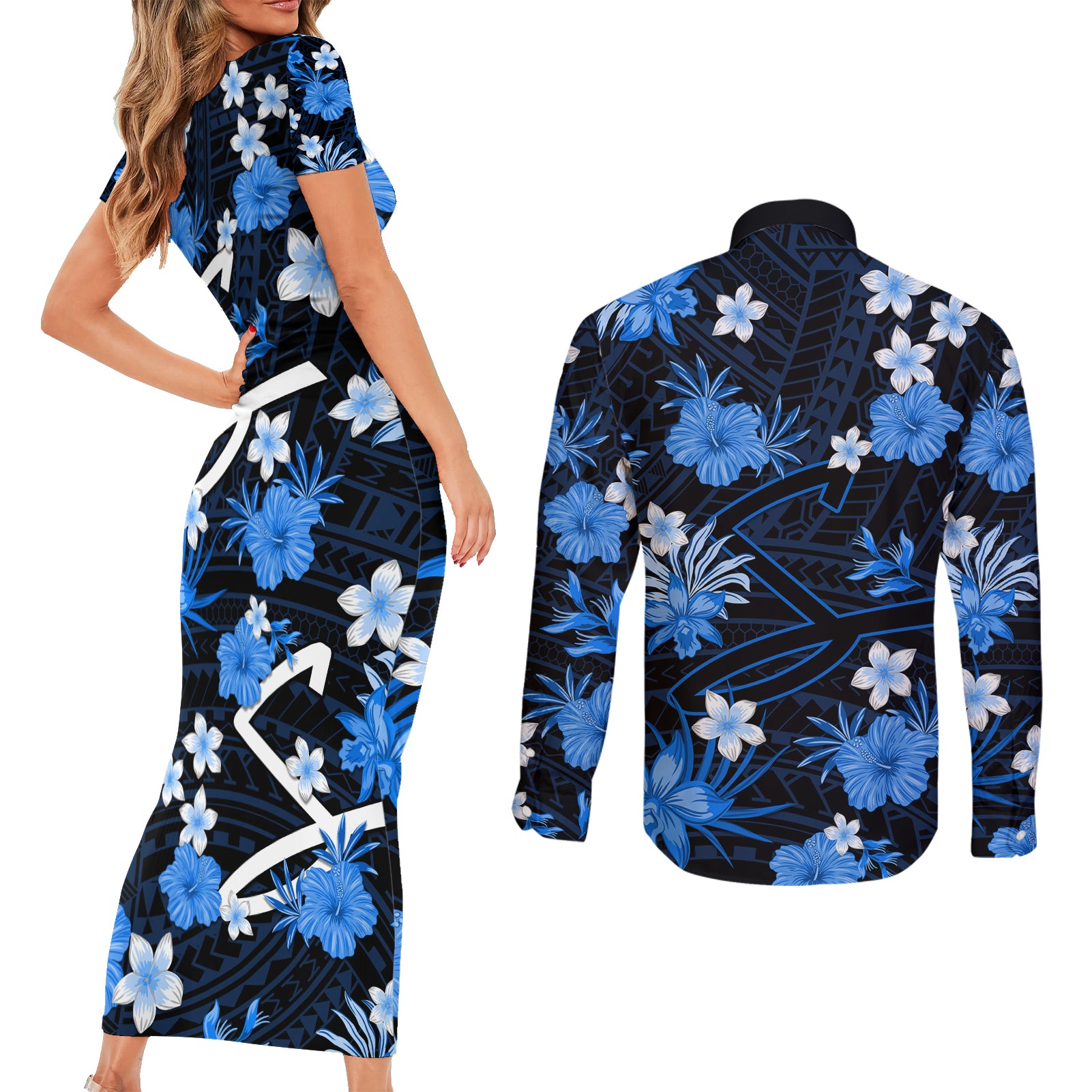australian-strikers-cricket-couples-matching-short-sleeve-bodycon-dress-and-long-sleeve-button-shirts-baeuty-pacific-hibiscus-and-polynesian-pattern