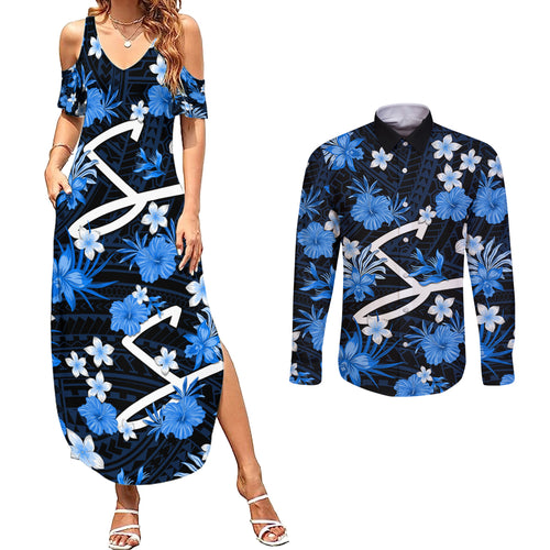 australian-strikers-cricket-couples-matching-summer-maxi-dress-and-long-sleeve-button-shirts-baeuty-pacific-hibiscus-and-polynesian-pattern