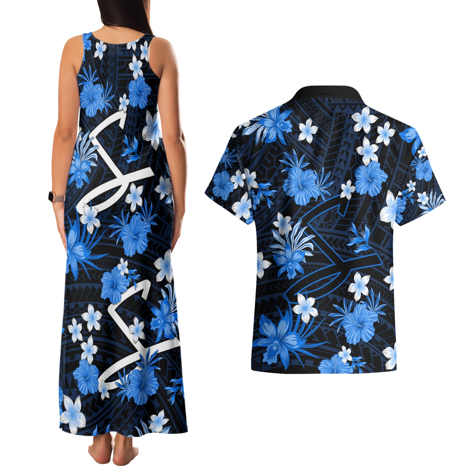 australian-strikers-cricket-couples-matching-tank-maxi-dress-and-hawaiian-shirt-baeuty-pacific-hibiscus-and-polynesian-pattern