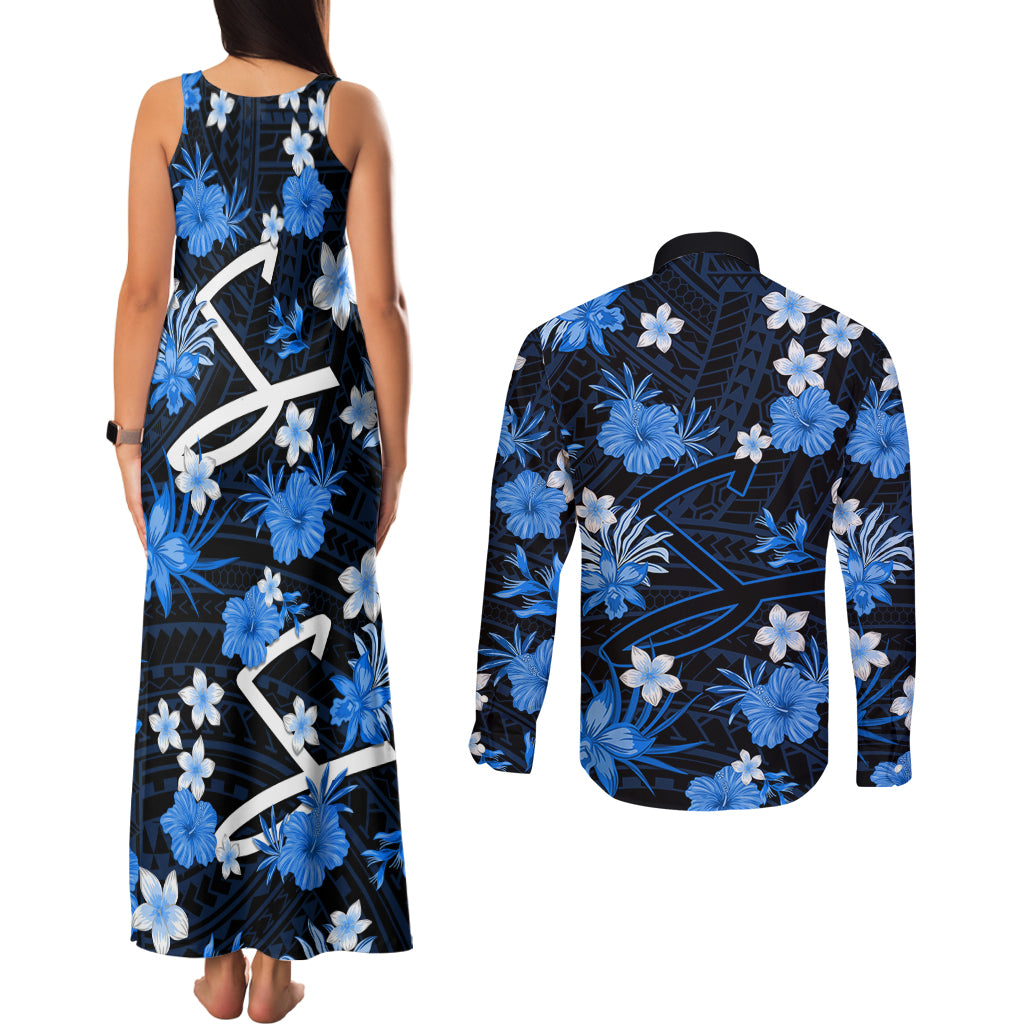 australian-strikers-cricket-couples-matching-tank-maxi-dress-and-long-sleeve-button-shirts-baeuty-pacific-hibiscus-and-polynesian-pattern