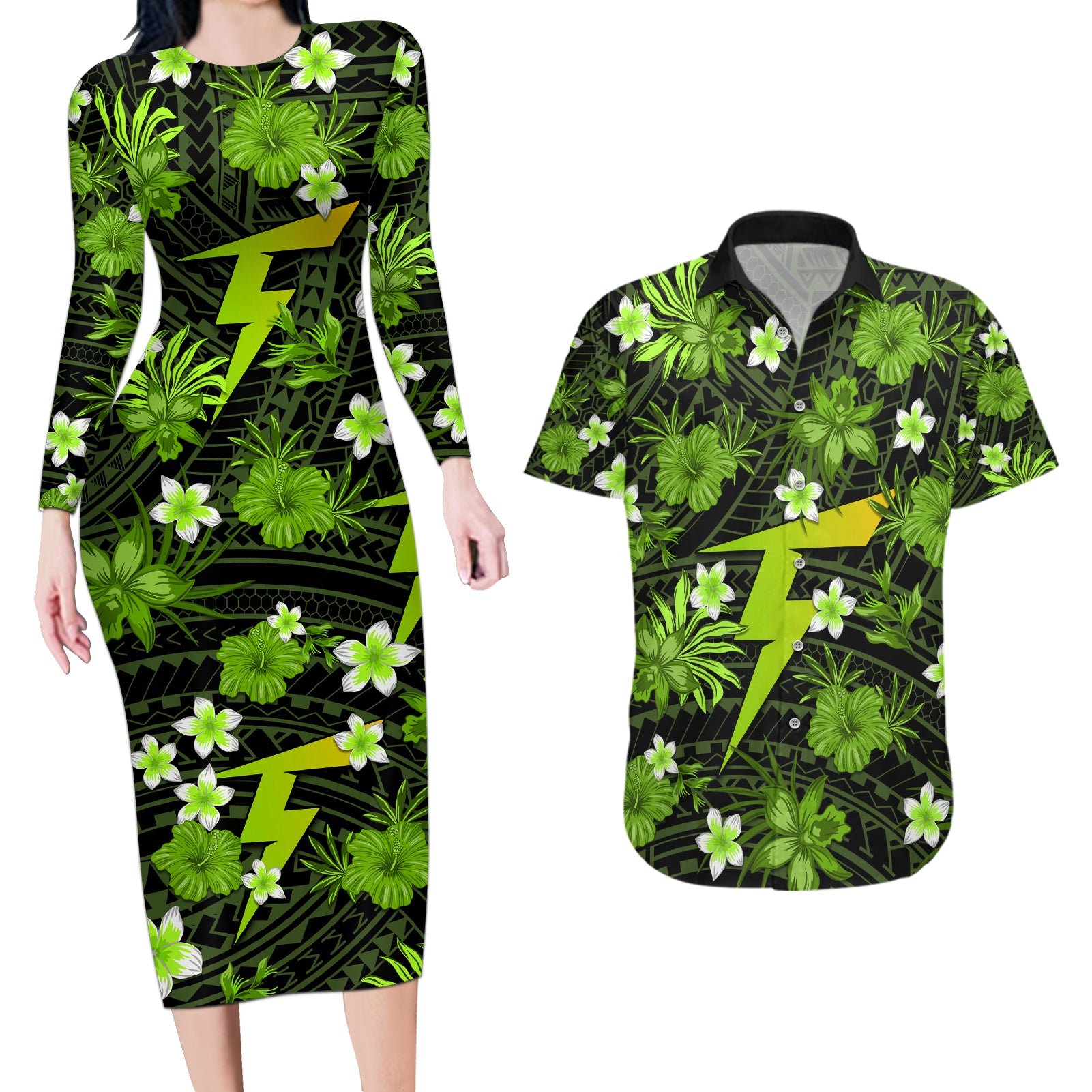 australian-thunder-cricket-couples-matching-long-sleeve-bodycon-dress-and-hawaiian-shirt-baeuty-pacific-hibiscus-and-polynesian-pattern