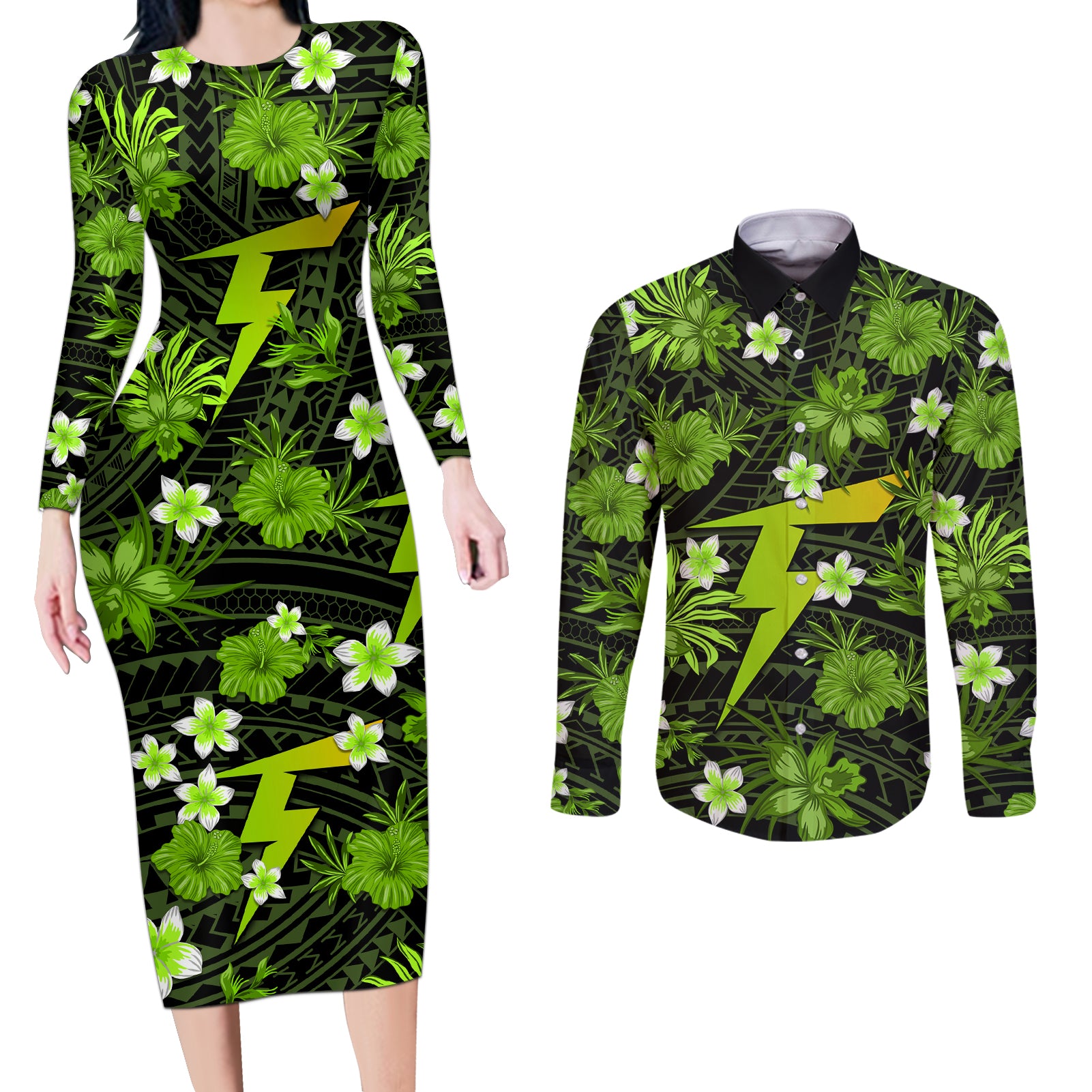 australian-thunder-cricket-couples-matching-long-sleeve-bodycon-dress-and-long-sleeve-button-shirts-baeuty-pacific-hibiscus-and-polynesian-pattern