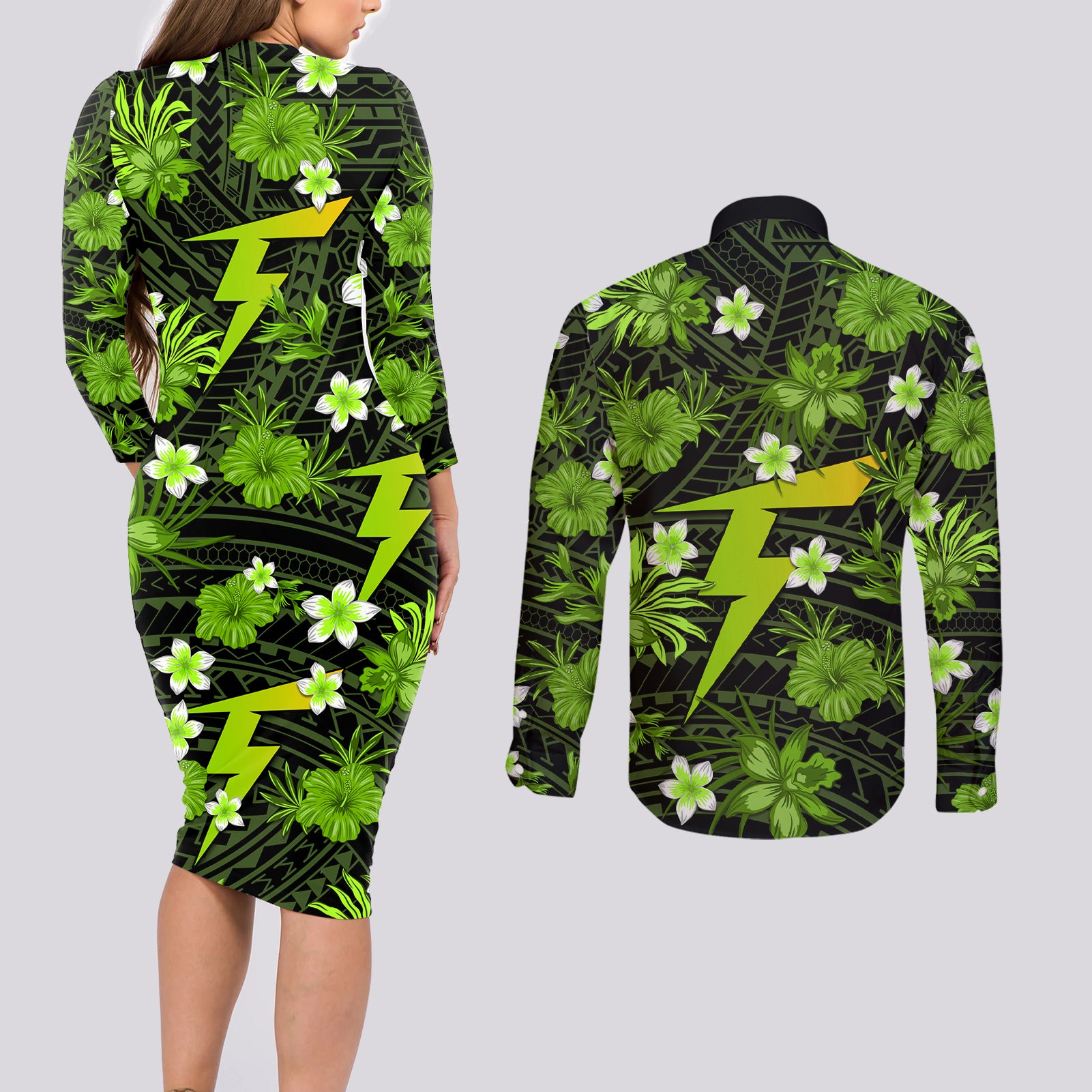 australian-thunder-cricket-couples-matching-long-sleeve-bodycon-dress-and-long-sleeve-button-shirts-baeuty-pacific-hibiscus-and-polynesian-pattern