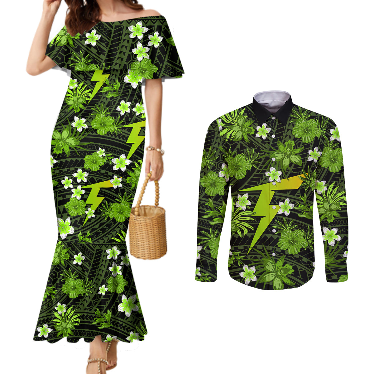 australian-thunder-cricket-couples-matching-mermaid-dress-and-long-sleeve-button-shirts-baeuty-pacific-hibiscus-and-polynesian-pattern