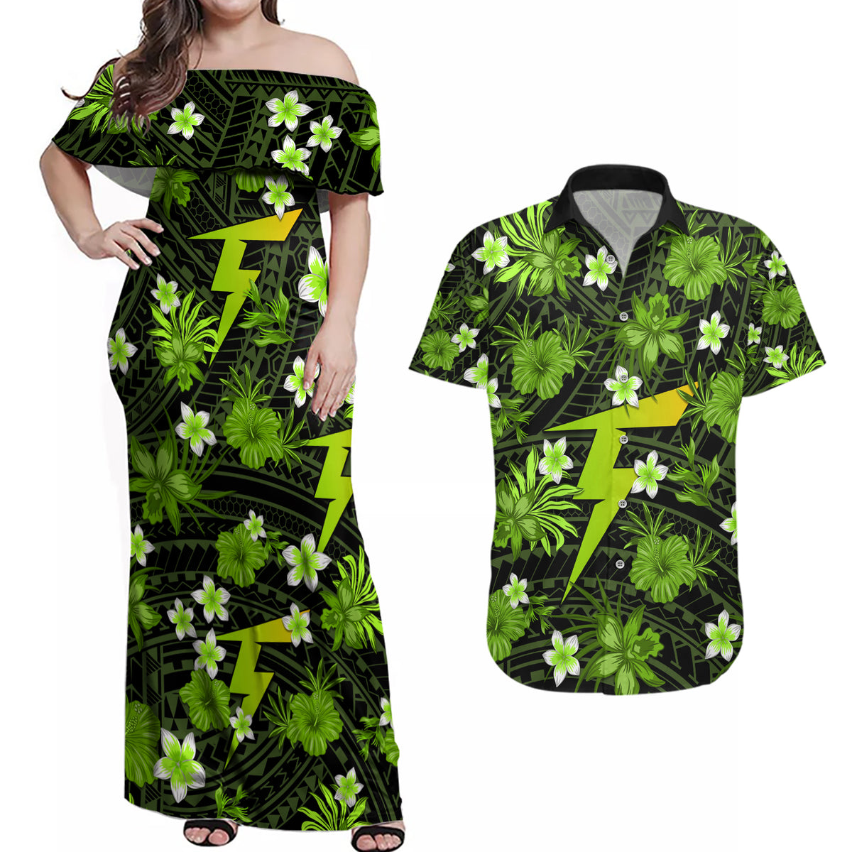 australian-thunder-cricket-couples-matching-off-shoulder-maxi-dress-and-hawaiian-shirt-baeuty-pacific-hibiscus-and-polynesian-pattern
