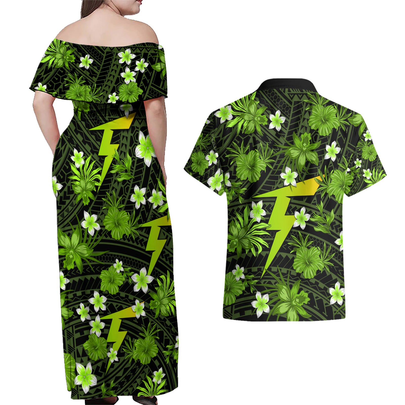 australian-thunder-cricket-couples-matching-off-shoulder-maxi-dress-and-hawaiian-shirt-baeuty-pacific-hibiscus-and-polynesian-pattern