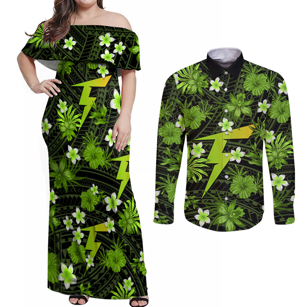 australian-thunder-cricket-couples-matching-off-shoulder-maxi-dress-and-long-sleeve-button-shirts-baeuty-pacific-hibiscus-and-polynesian-pattern