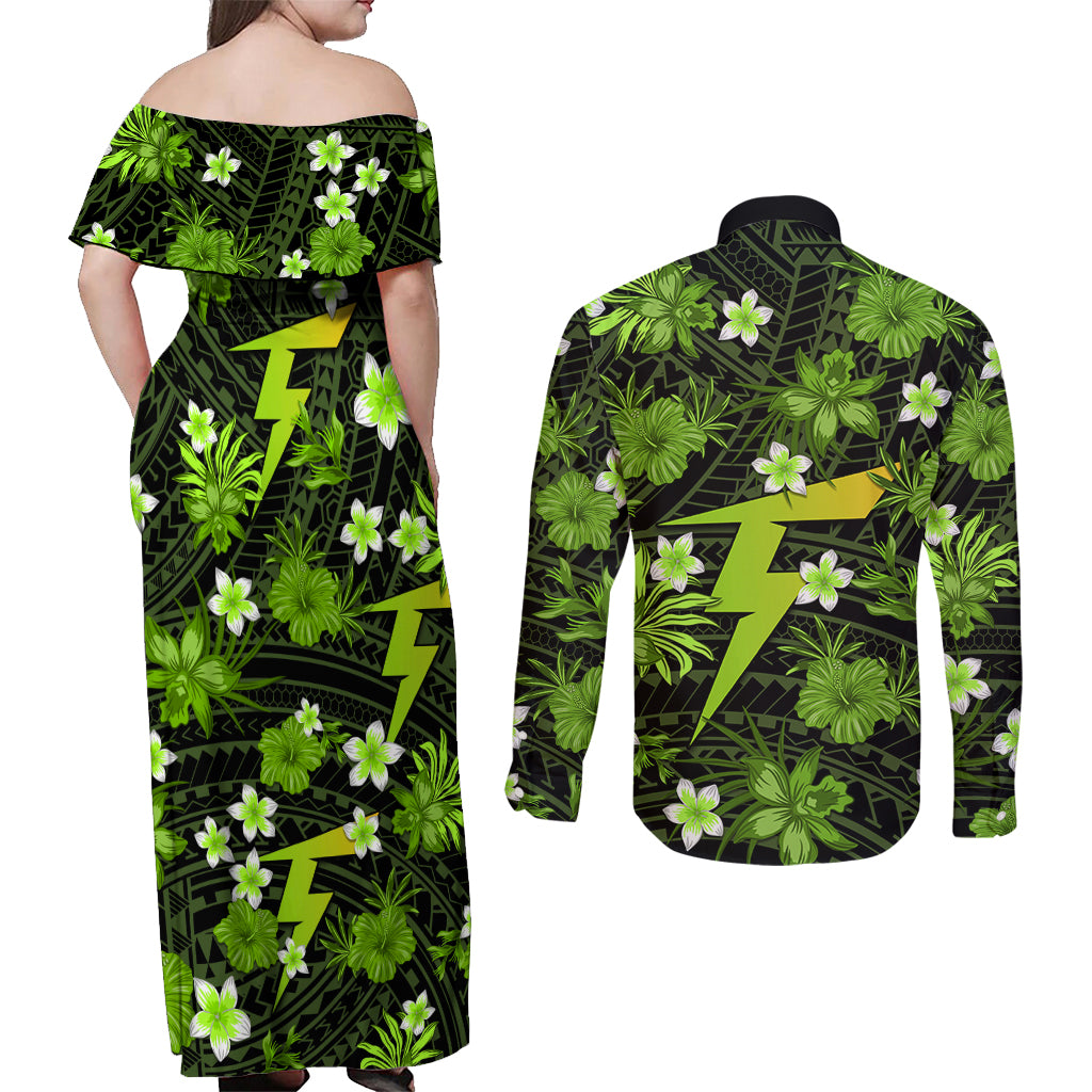 australian-thunder-cricket-couples-matching-off-shoulder-maxi-dress-and-long-sleeve-button-shirts-baeuty-pacific-hibiscus-and-polynesian-pattern