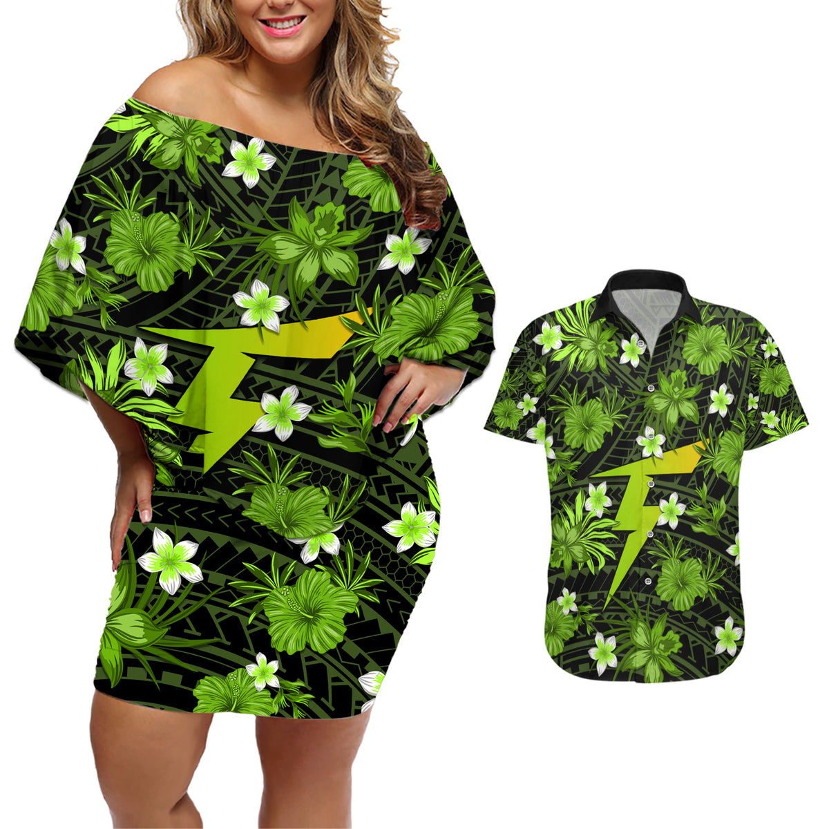 australian-thunder-cricket-couples-matching-off-shoulder-short-dress-and-hawaiian-shirt-baeuty-pacific-hibiscus-and-polynesian-pattern