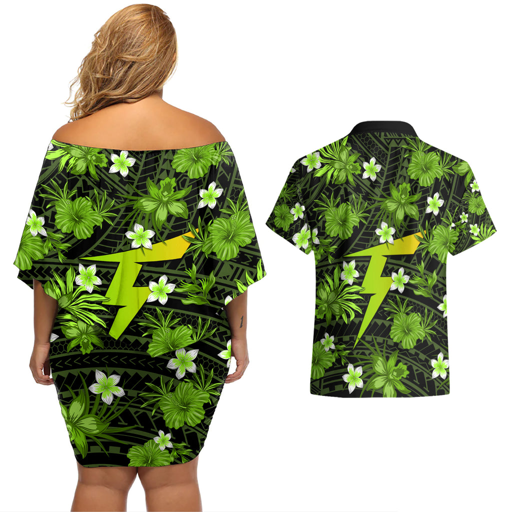 australian-thunder-cricket-couples-matching-off-shoulder-short-dress-and-hawaiian-shirt-baeuty-pacific-hibiscus-and-polynesian-pattern