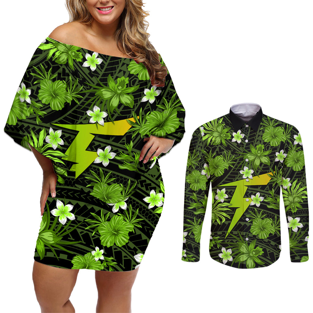 australian-thunder-cricket-couples-matching-off-shoulder-short-dress-and-long-sleeve-button-shirts-baeuty-pacific-hibiscus-and-polynesian-pattern