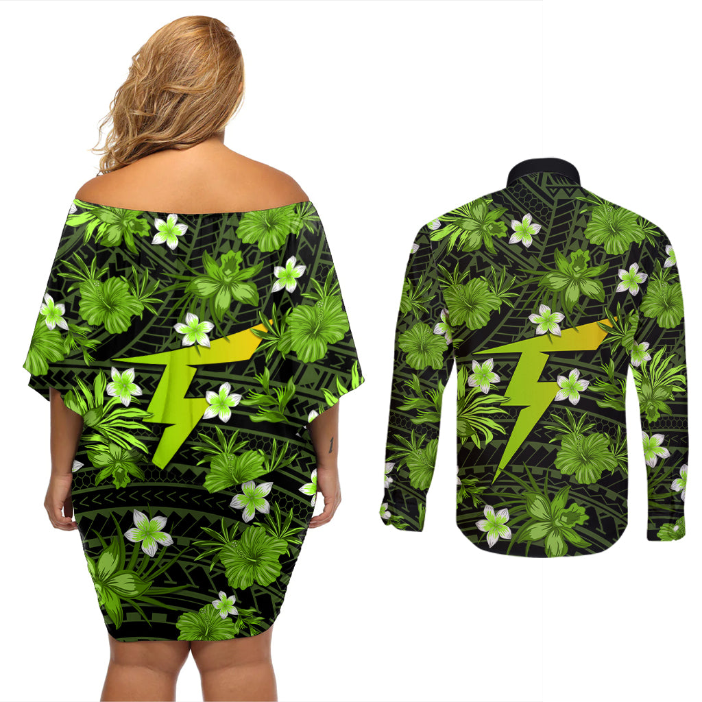 australian-thunder-cricket-couples-matching-off-shoulder-short-dress-and-long-sleeve-button-shirts-baeuty-pacific-hibiscus-and-polynesian-pattern