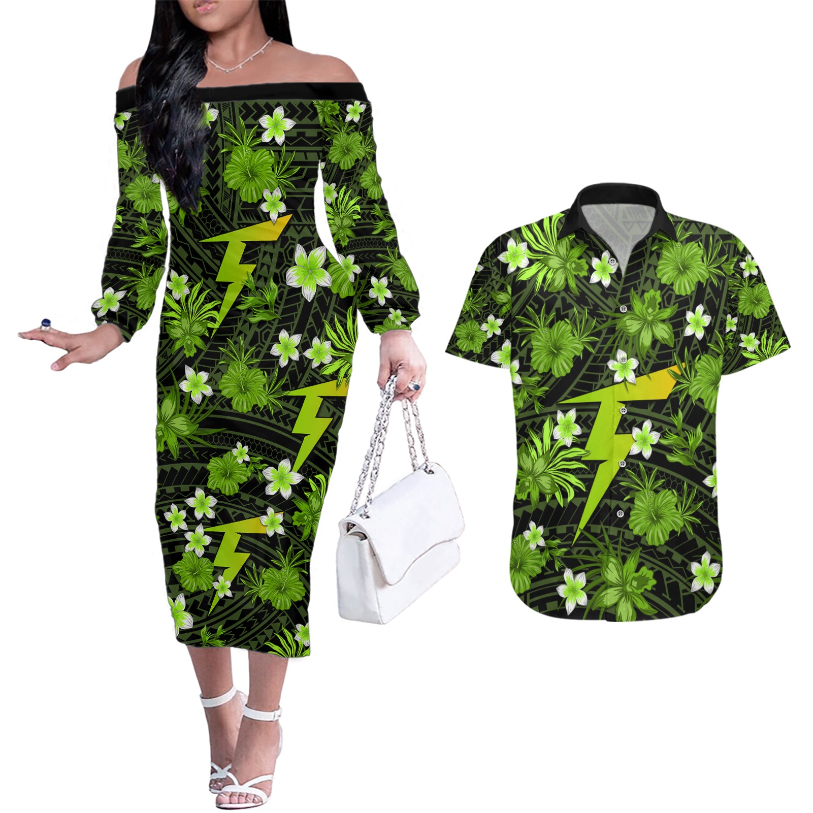 australian-thunder-cricket-couples-matching-off-the-shoulder-long-sleeve-dress-and-hawaiian-shirt-baeuty-pacific-hibiscus-and-polynesian-pattern