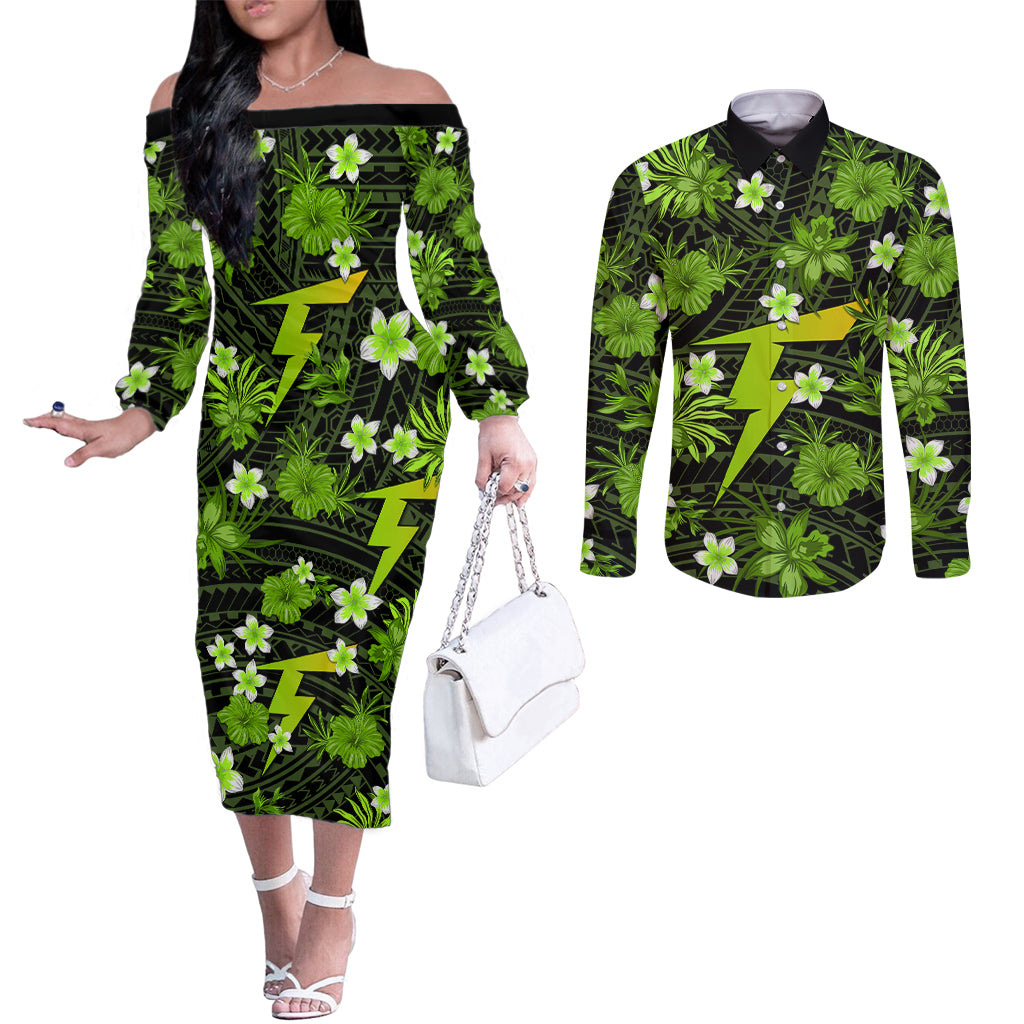 australian-thunder-cricket-couples-matching-off-the-shoulder-long-sleeve-dress-and-long-sleeve-button-shirts-baeuty-pacific-hibiscus-and-polynesian-pattern