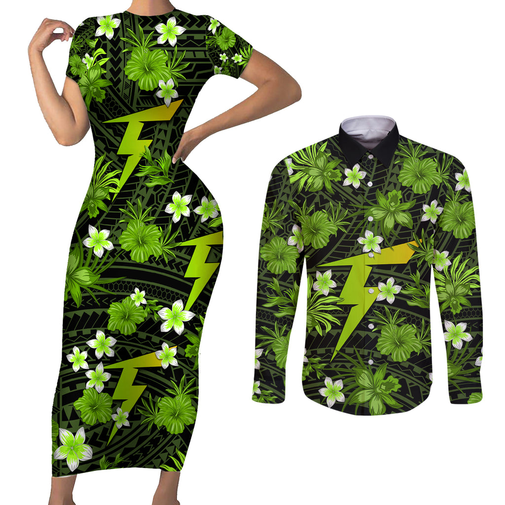 australian-thunder-cricket-couples-matching-short-sleeve-bodycon-dress-and-long-sleeve-button-shirts-baeuty-pacific-hibiscus-and-polynesian-pattern