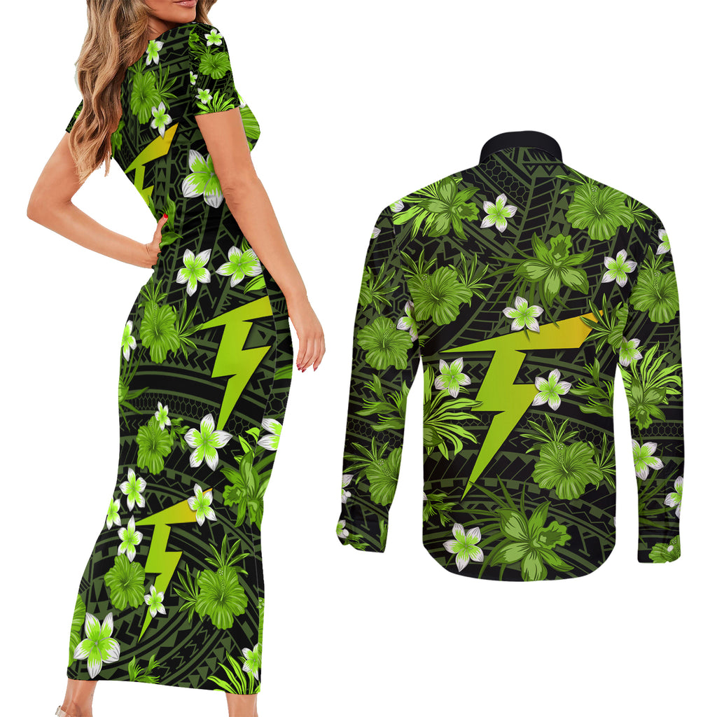 australian-thunder-cricket-couples-matching-short-sleeve-bodycon-dress-and-long-sleeve-button-shirts-baeuty-pacific-hibiscus-and-polynesian-pattern
