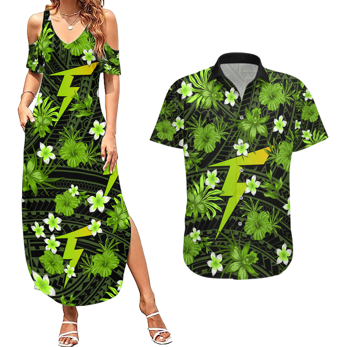 australian-thunder-cricket-couples-matching-summer-maxi-dress-and-hawaiian-shirt-baeuty-pacific-hibiscus-and-polynesian-pattern