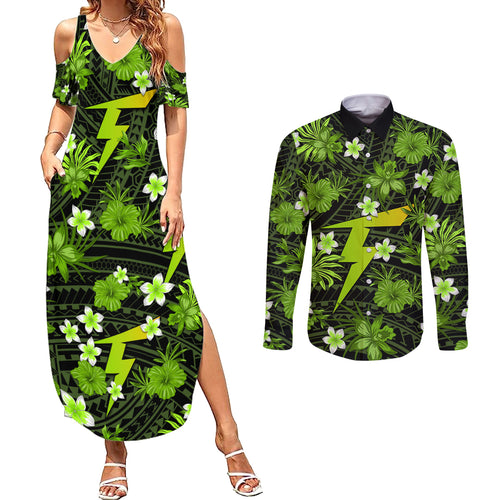 australian-thunder-cricket-couples-matching-summer-maxi-dress-and-long-sleeve-button-shirts-baeuty-pacific-hibiscus-and-polynesian-pattern