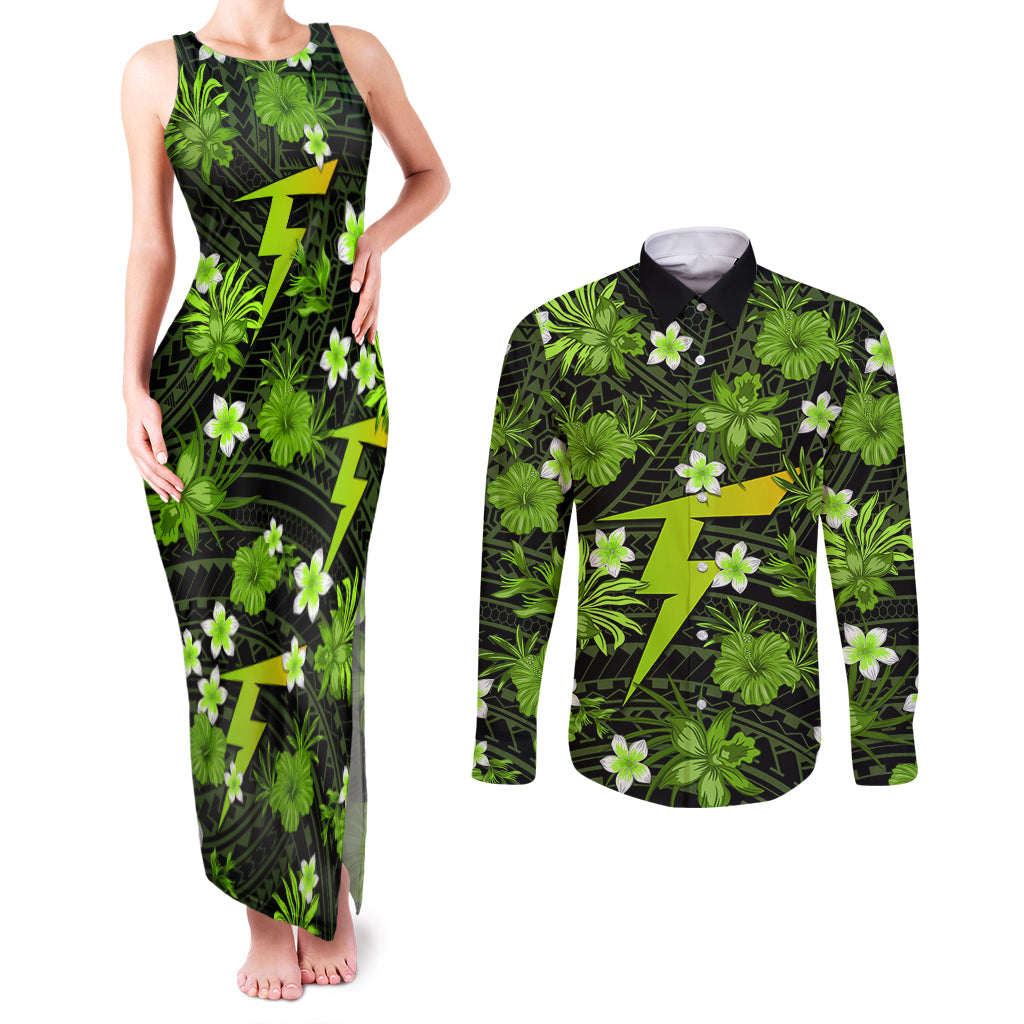 australian-thunder-cricket-couples-matching-tank-maxi-dress-and-long-sleeve-button-shirts-baeuty-pacific-hibiscus-and-polynesian-pattern