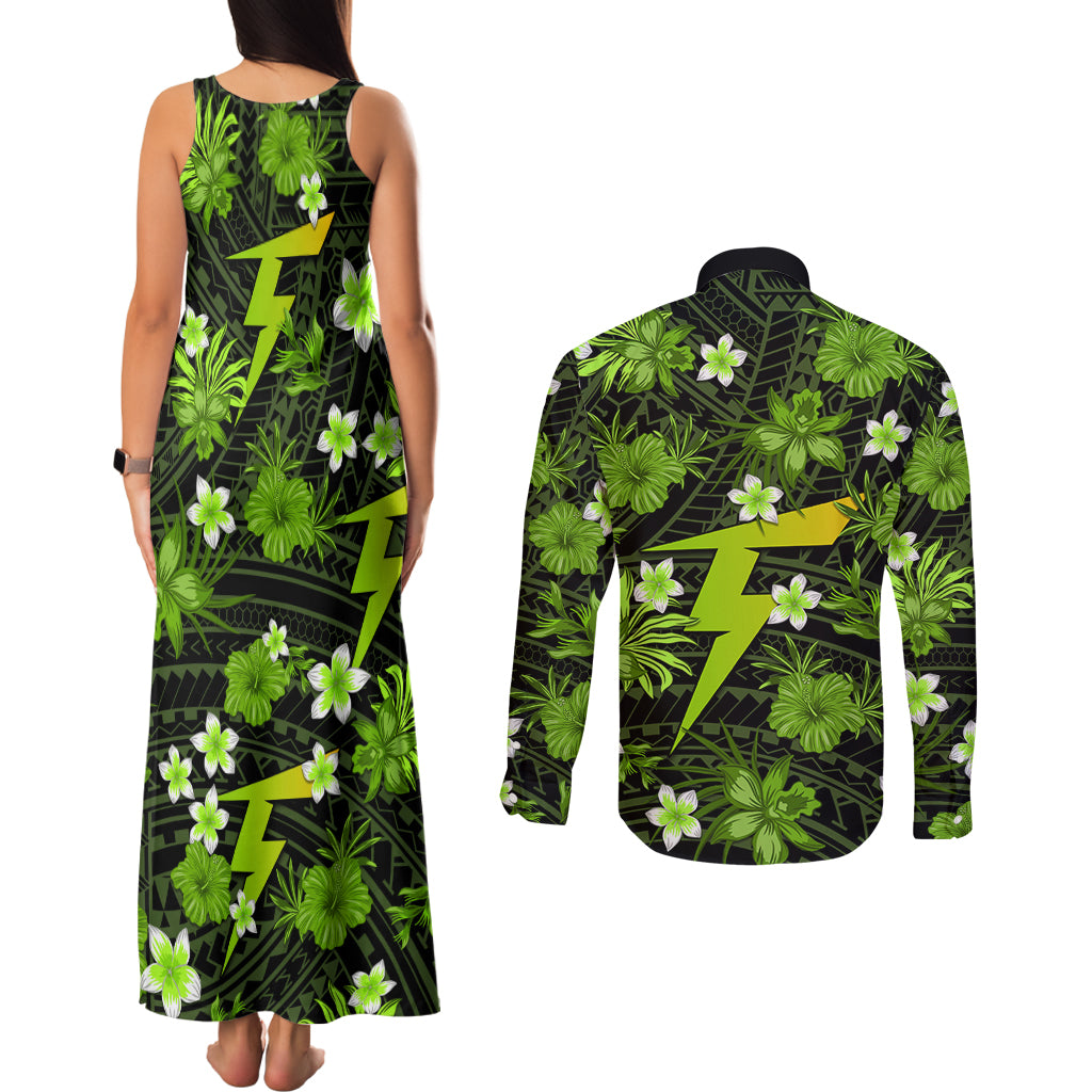 australian-thunder-cricket-couples-matching-tank-maxi-dress-and-long-sleeve-button-shirts-baeuty-pacific-hibiscus-and-polynesian-pattern