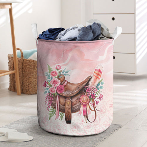 Melbourne Horse Floral Saddle Laundry Basket Pink Rose With Waxflower Flowers