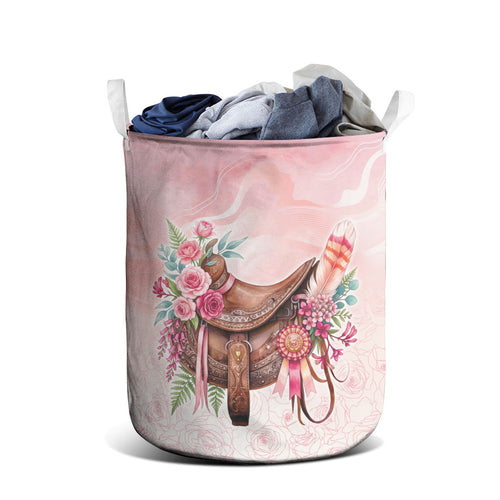 Melbourne Horse Floral Saddle Laundry Basket Pink Rose With Waxflower Flowers