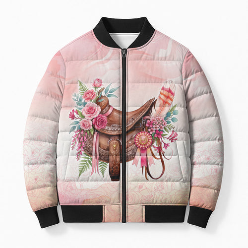 Melbourne Horse Floral Saddle Bomber Puffer Jacket Pink Rose With Waxflower Flowers