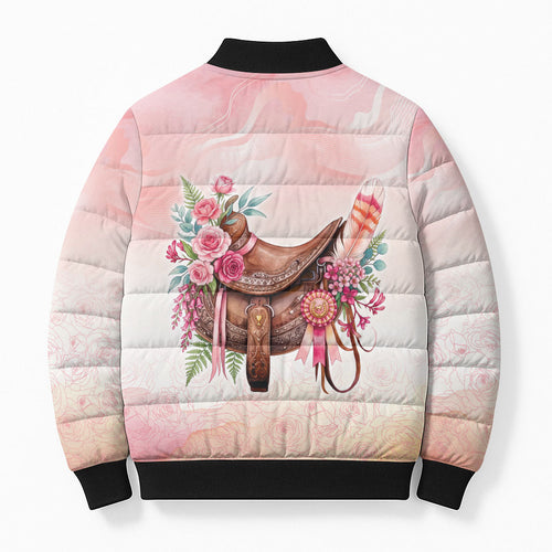 Melbourne Horse Floral Saddle Bomber Puffer Jacket Pink Rose With Waxflower Flowers