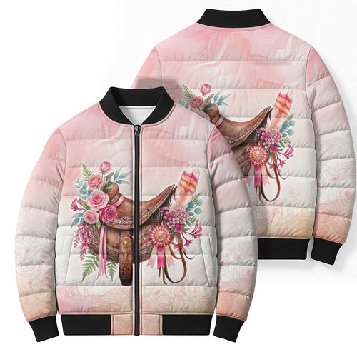 Melbourne Horse Floral Saddle Bomber Puffer Jacket Pink Rose With Waxflower Flowers