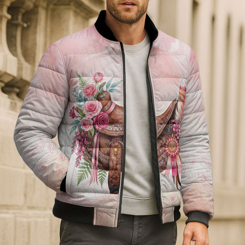 Melbourne Horse Floral Saddle Bomber Puffer Jacket Pink Rose With Waxflower Flowers