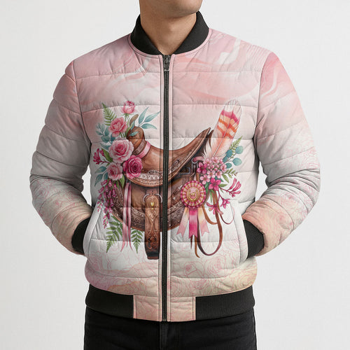 Melbourne Horse Floral Saddle Bomber Puffer Jacket Pink Rose With Waxflower Flowers