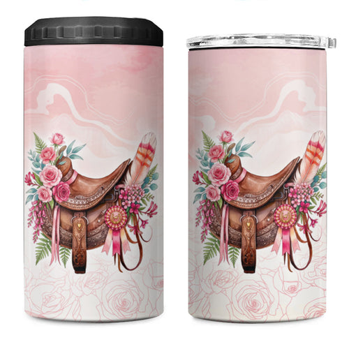 Melbourne Horse Floral Saddle 4 in 1 Can Cooler Tumbler Pink Rose With Waxflower Flowers